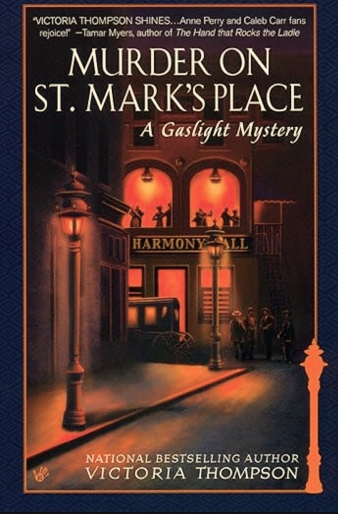 Cover of Murder on St. Mark's Place by Victoria Thompson shows a street at night lit by red gas lamps and a dance hall called Harmony Hall.