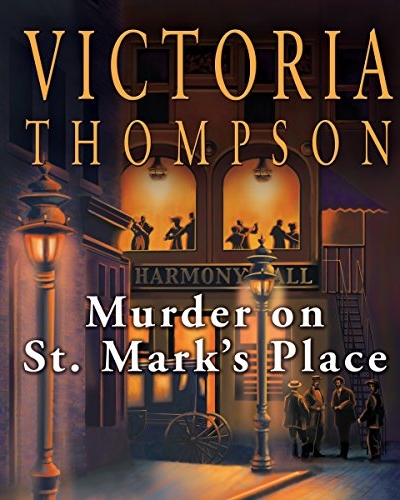Murder on St Mark's Place Audio Book Cover shows a dance hall at night with the street outside lit by a gas lamp