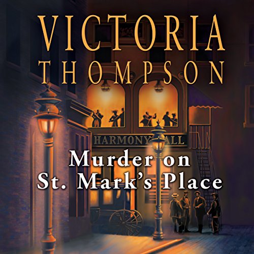 Murder on St Mark's Place Audio Book Cover shows a dance hall at night with the street outside lit by a gas lamp