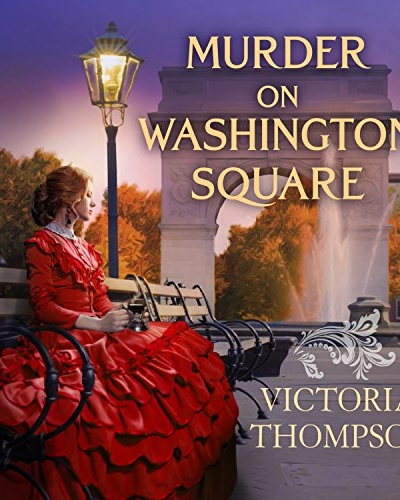 Murder on Washington Square by Victoria Thompson Audio Book Cover shows a woman in a historical red dress sitting on a bench by the arch in Washington Square Park at dusk, lit by a gas lamp.