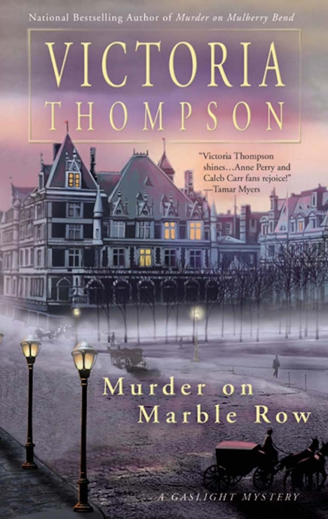 Murder on Marble Row by Victorian Thompson book cover features a foggy pastel scene of a mansion in early 1900s New York. It's early morning, the sky is pink, and the gas street lamps are lit. A few horses and carriages pass by.