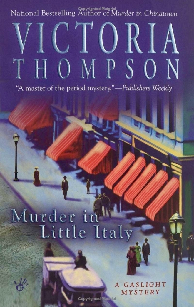Murder in Little Italy by Victoria Thompson book cover shows people milling about on a street in LIttle Italy, New York City in the early 1900s.