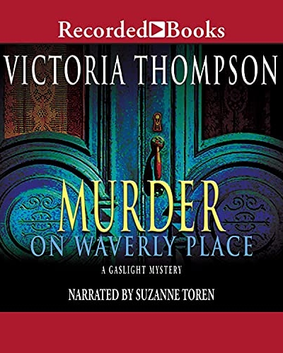 Murder on Waverly Place by Victoria Thompson audio book cover shows a closeup of an ornate, teal, wood door handle on an old New York City building.