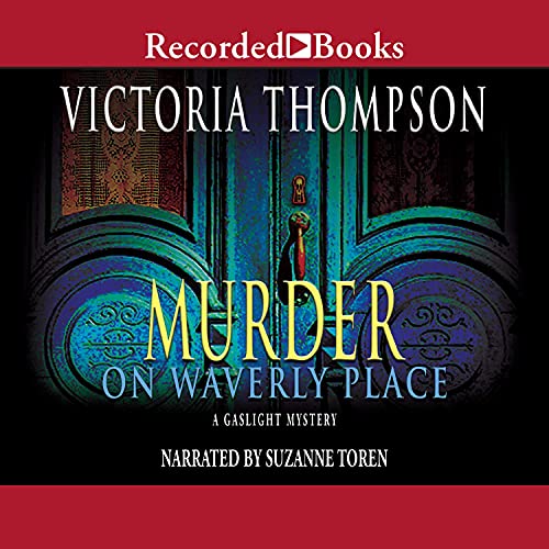 Murder on Waverly Place by Victoria Thompson audio book cover shows a closeup of an ornate, teal, wood door handle on an old New York City building.