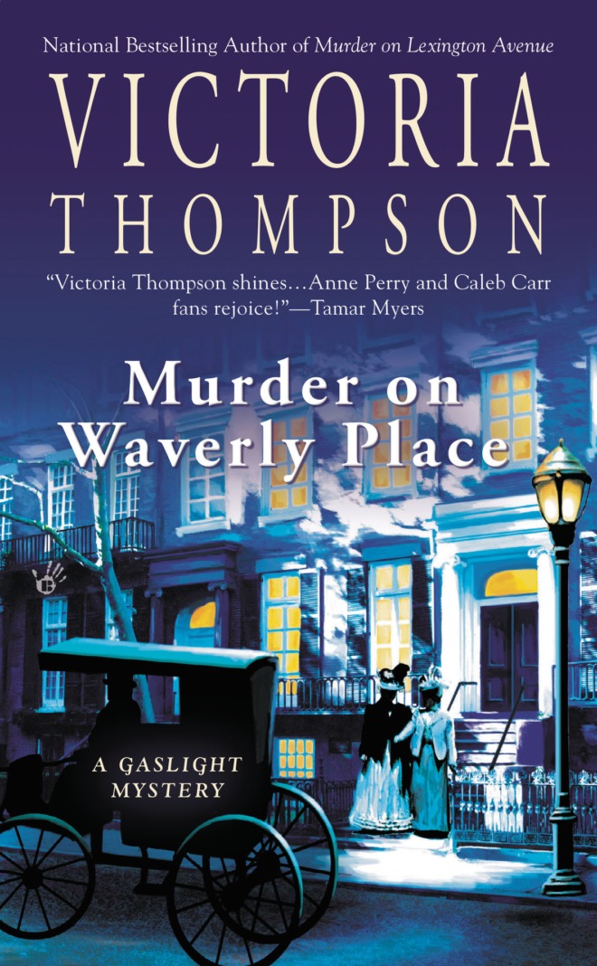 Murder on Waverly Place by Victoria Thompson book cover shows a blue and purple scene of a row of New York City brownstones in the early 1900s. A carriage is on the street, and two women with faces in shadow leave one of the Brownstones.
