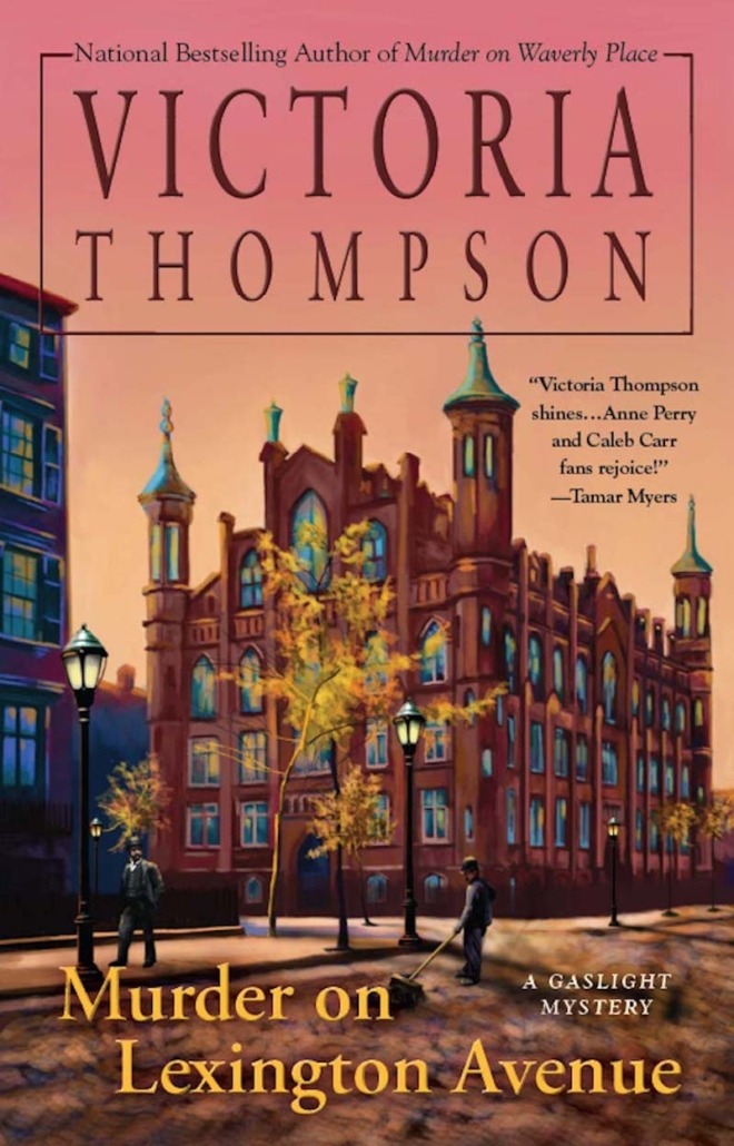 Murder on Lexington Avenue by Victoria Thompson book cover shows an ornate church on a street corner in early 1900's New York City. It's dusk, and the sky is orange. Gas street lamps are lilt. A man sweeps the street as another man, in a top hat, passes by on the sidewalk.