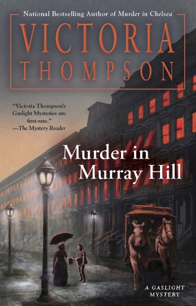 Murder in Murray Hill by Victoria Thompson book cover shows an early 1900's New York City street on a rainy night lit by gas street lamps. A horse and carriage is parked in front of one of the brownstone buildings, and a child sells newspaper to a woman with an umbrella.