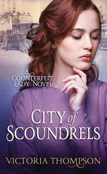 City of Scoundrels by Victoria Thompson library binding shows a young white woman with auburn hair in a purple dress. She's looking down and to the side, with her finger on her chin.