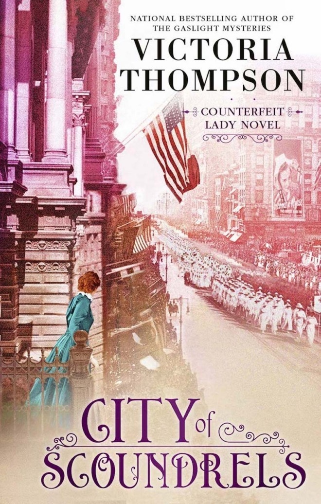 City of Scoundrels by Victoria Thompson book cover shows a red washed image of a well-dressed woman in early 1900s New York City watching suffragettes march from her balcony while American flags wave above her.