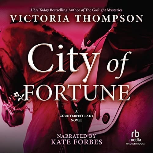 City of Fortune by Victoria Thompson audio book cover shows a closeup of a racing horse's saddle with a jockey riding.