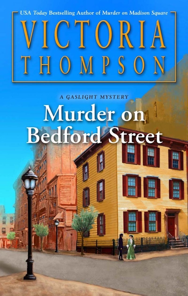 Murder on Bedford Street by Victoria Thompson book cover shows a yellow, 3-story house with red shuttters on a corner in early 1900s New York City. It's afternoon and the sky is blue. Gas street lamps can be seen. A man and woman stand on the corner in front of the house, talking.