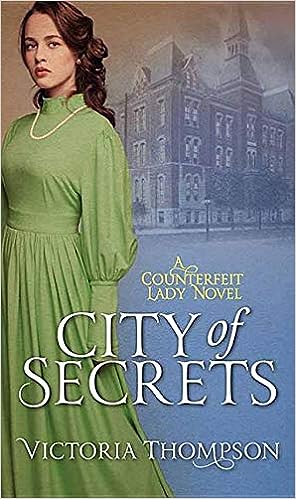 City of Secrets by Victoria Thompson library binding shows a young white woman with long dark hair wearing a light green dress, standing in front of a historical building.