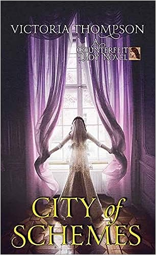 City of Schemes by Victoria Thompson library binding shows the back of a woman in a wedding dress and veil opening large, purple curtains. Bright light is coming in from the window.