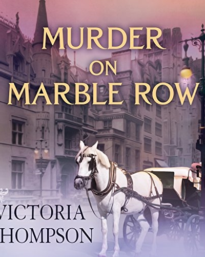 Murder on Marble Row by Victoria Thompson audio book cover shows a foggy pastel scene of a white horse pulling a carriage on an early 1900s New York City street at dawn. The sky is pink.