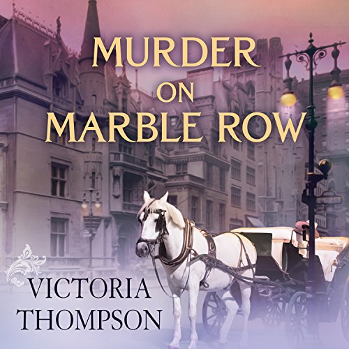 Murder on Marble Row by Victoria Thompson audio book cover shows a foggy pastel scene of a white horse pulling a carriage on an early 1900s New York City street at dawn. The sky is pink.