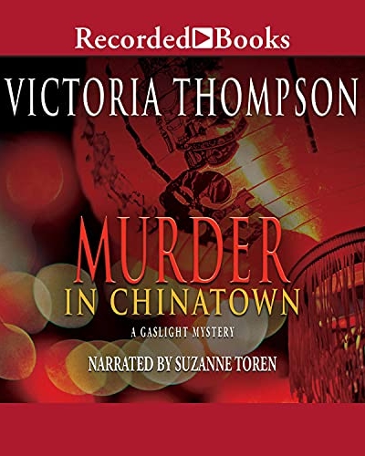 Murder in Chinatown by Victoria Thompson audio book cover shows a red Chinese lantern and filtered red and yellow lights.