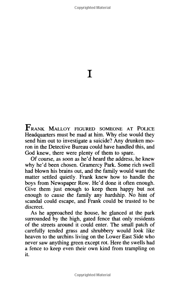 page 1 of excerpt of Murder on Gramercy Park by Victoria Thompson. "Frank Malloy figured someone at Police Headquarters must be mad at him. Why else would they send him out to investigate a suicide?..."