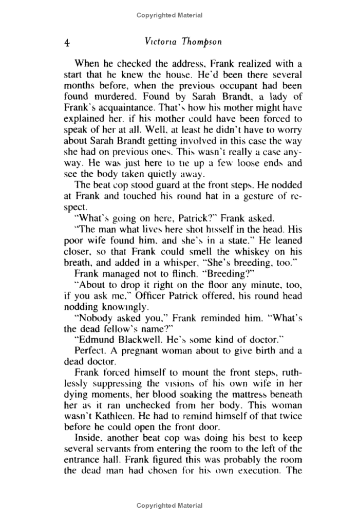 Page 2 of excerpt from Murder on Gramercy Park by Victoria Thompson. "When he checked the address, Frank realized with a start that he knew the house. He'd been there several months before, when the previous occupant had been found murdered..."