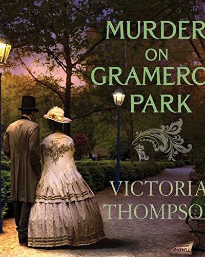 Audio Book Cover for Murder on Gramercy Park by Victoria Thompson. An old-fashioned man and woman walk arm in arm past a gas lamp at dusk.