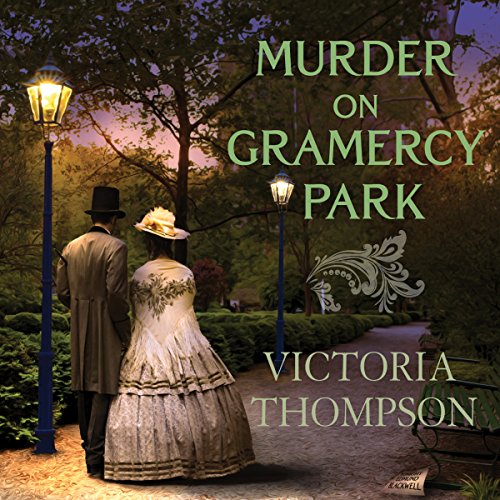 Audio Book Cover for Murder on Gramercy Park by Victoria Thompson. An old-fashioned man and woman walk arm in arm past a gas lamp at dusk.