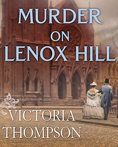 Murder on Lenox Hill by Victoria Thompson audio book cover shows a church on a New York City street corner in the early 1900s. A man and woman pass by. Gas street lamps are also on the corner.