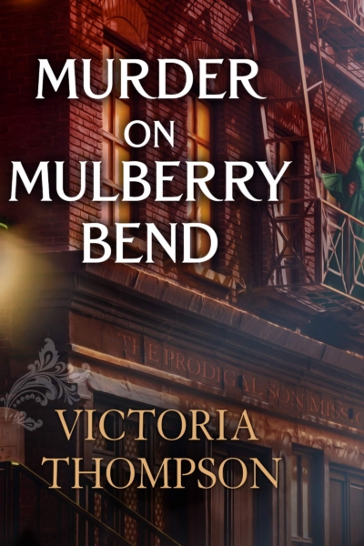 Murder on Mulberry Bend by Victoria Thompson audio book cover shows an early 1900s woman on a New York City fire escape at dusk. A gas lamp is lit in the foreground.