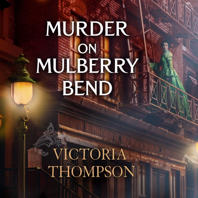 Murder on Mulberry Bend by Victoria Thompson audio book cover shows an early 1900s woman on a New York City fire escape at dusk. A gas lamp is lit in the foreground.