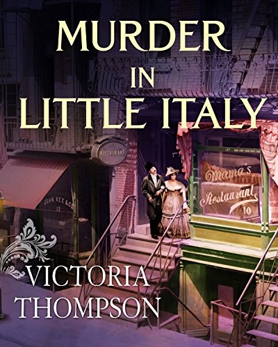 Murder in Little Italy by Victoria Thompson audio book cover shows a couple leaving Mama's Restaurant in New York City in the early 1900s.