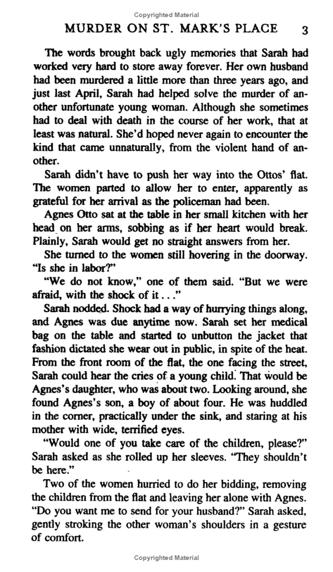 page 3 of excerpt from Murder on St. Mark's Place by Victoria Thompson. "The words brought back ugly memories that Sarah had worked very hard to store away forever..."