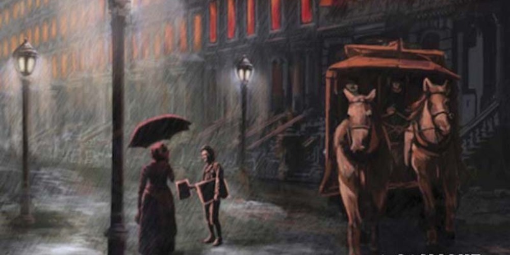 Murder in Murray Hill by Victoria Thompson book cover detail shows an early 1900's New York City street on a rainy night lit by gas street lamps. A horse and carriage is parked in front of one of the brownstone buildings, and a child sells newspaper to a woman with an umbrella.