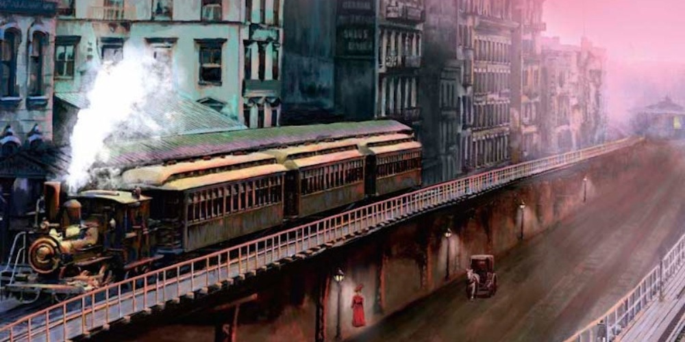 Murder in the Bowery by Victoria Thompson book cover (detail) shows an early 1900s New York City street with an elevated train going by. The sky is dark pink. Below the train tracks is a row of lit gaslights. A woman in red walks under one of the lights. A horse and carriage also pass by.