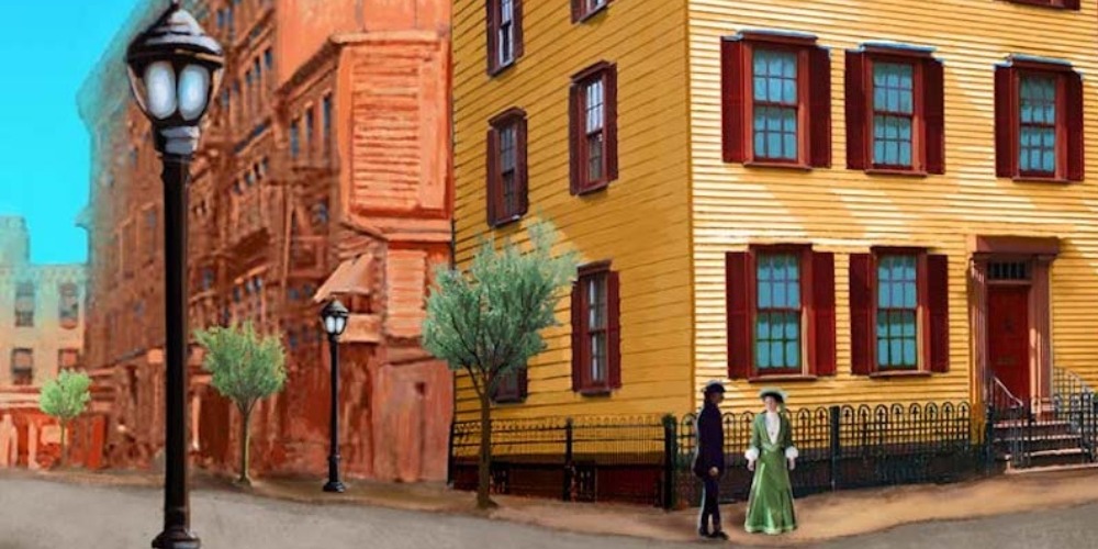 Murder on Bedford Street by Victoria Thompson book cover detail shows a yellow, 3-story house with red shuttters on a corner in early 1900s New York City. It's afternoon and the sky is blue. Gas street lamps can be seen. A man and woman stand on the corner in front of the house, talking.