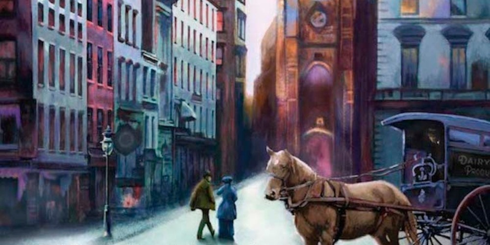 Murder on Trinity place by Victoria Thompson book cover detail shows a narrow, early 1900's New York City street at dusk The sky is dark blue. A large church can be seen. A horse and carriage and a man and woman pass by.